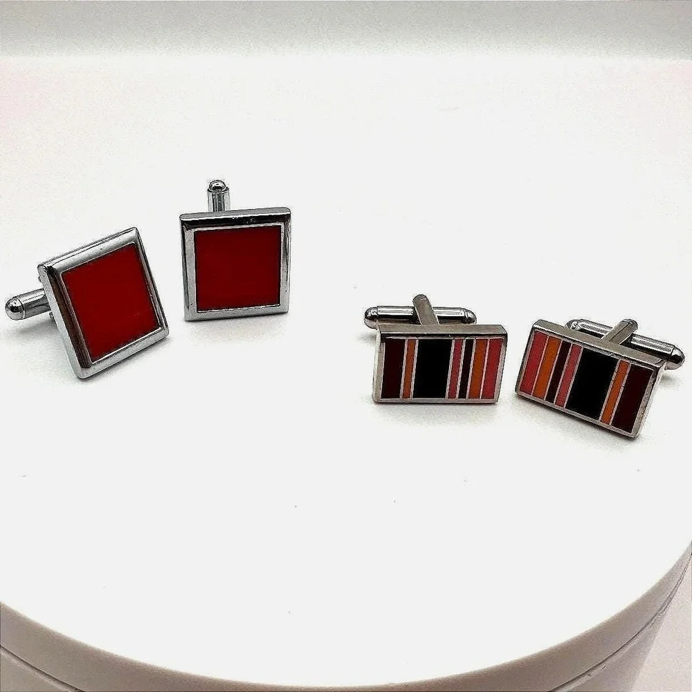 Vintage 80s Paul Smith Style Multi Stripe & Red Enamel Cufflinks Set Lot Jewelry